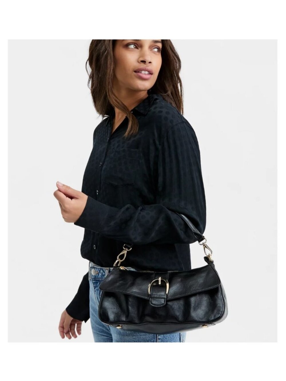 On 34th Jynna glazed baguette shiny women's top handle shoulder bag - Black - Picture 2 of 13